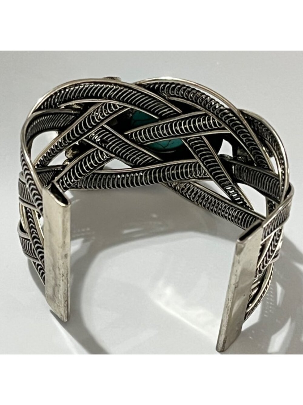 Vintage Silver Tone Cuff Bracelet With Turquoise Stone Floral & Butterfly - Picture 7 of 10